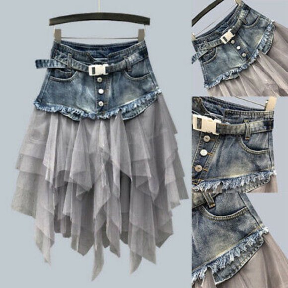 Tulle & Denim Dresses & Skirts - ~New~ Denim Tulle Asymmetric Goth Denim Skirt